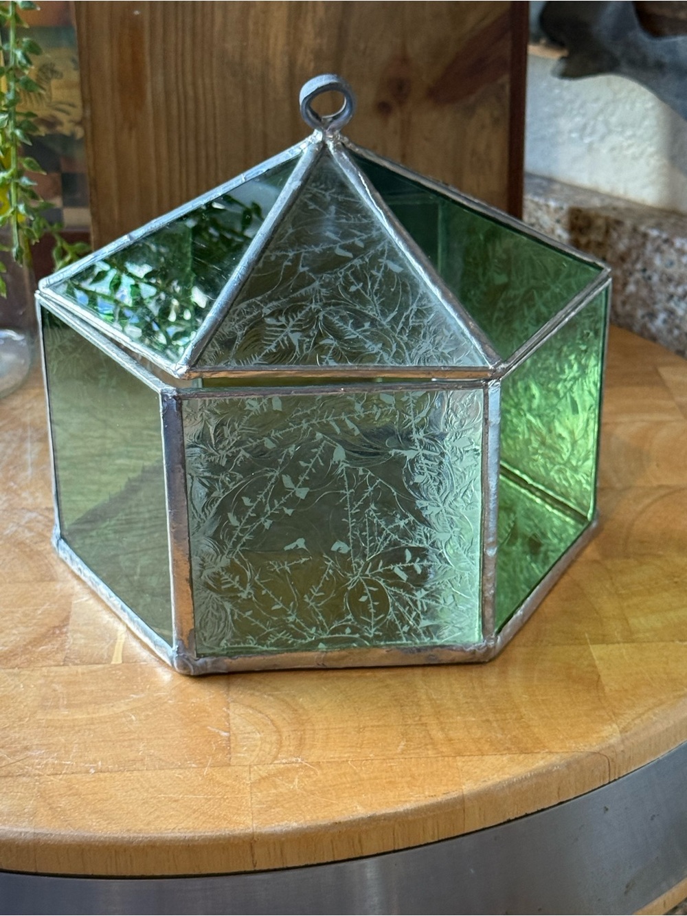 Vintage Hexagonal Green Stained Glass Trinket Box
